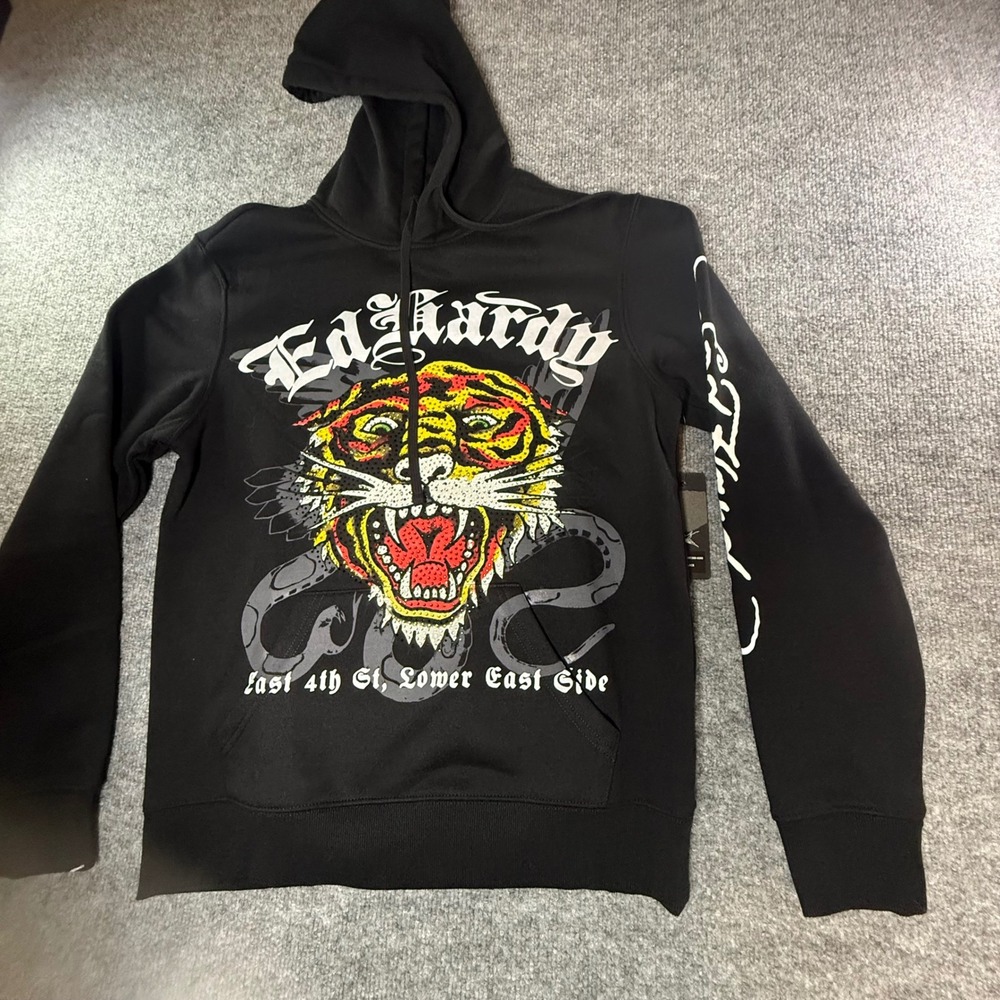 Ed Hardy Mens‎ Black Tiger Graphic Pullover Hoodie EHM1300-85RS Small NEW